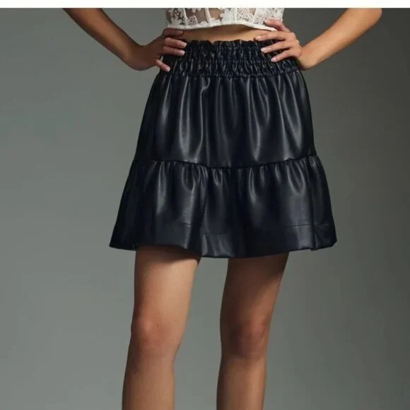 Anthropologie ~ Faux Leather Mini Skirt Black Lined Vegan Leather - Picture 2 of 5